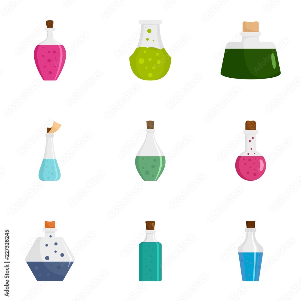 Poster potion bottle icon set. flat set of 9 potion bottle vector icons for web design