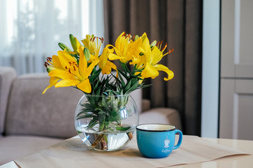 Morning, coffee, breakfast and a bouquet of flowers