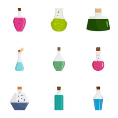 Potion bottle icon set. Flat set of 9 potion bottle vector icons for web design