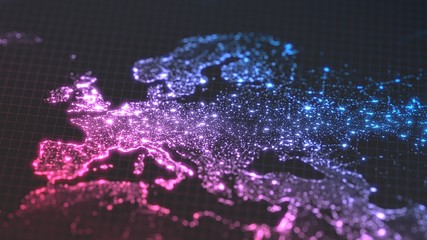 dark earth map with glowing details of city and human population density areas. wiew of europa. 3d illustration © kmls