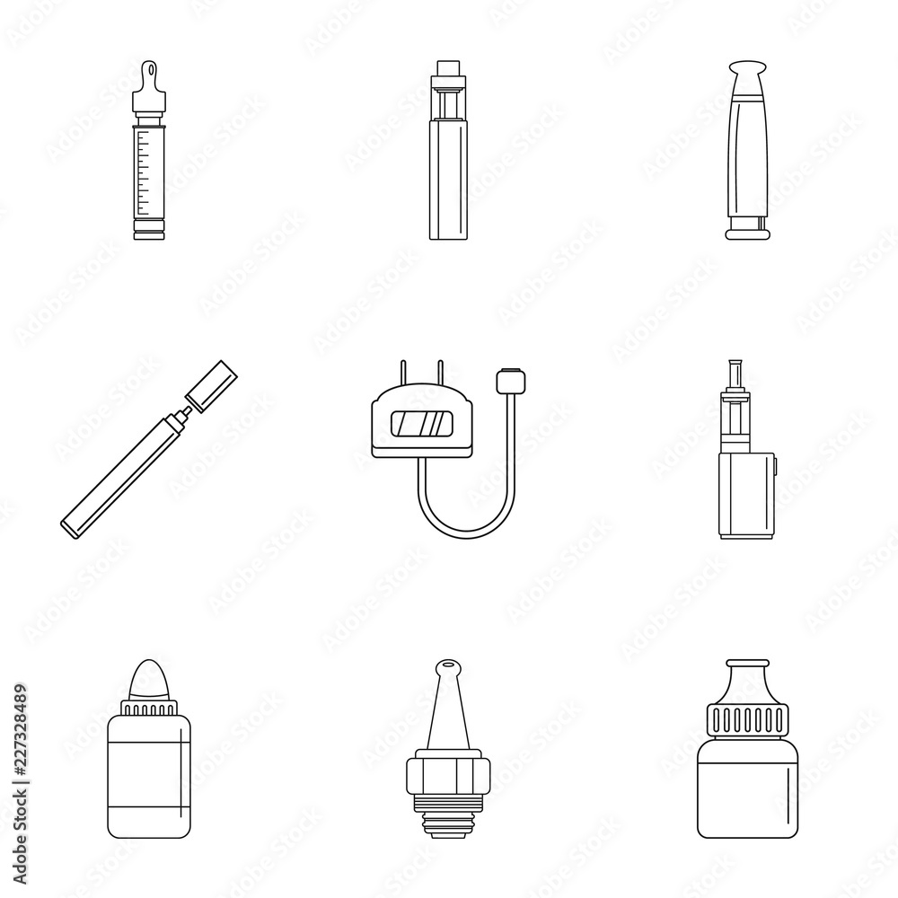 Poster vapor device icon set. outline set of 9 vapor device vector icons for web design isolated on white b