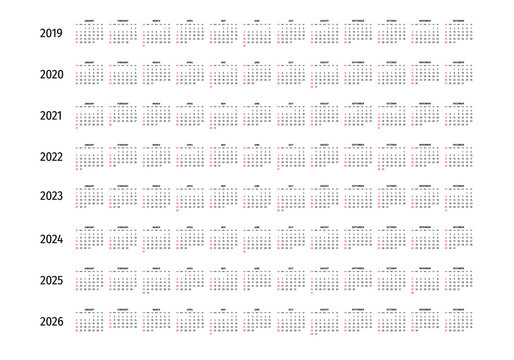 Simple calendar 2019, 2020, 2021, 2022, 2023, 2024, 2025, 2026. Simple editable vector calendar 2019, 2020, 2021, 2022, 2023, 2024, 2025, 2026 sunday first. Week starts on sunday.