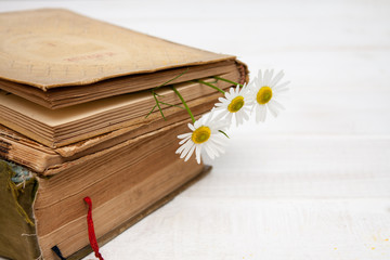 Vintage books with bouquet of flowers.