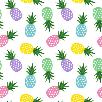 green, blue, pink, purple and yellow pineapple with triangles geometric fruit summer tropical sweet pattern on a white background seamless vector