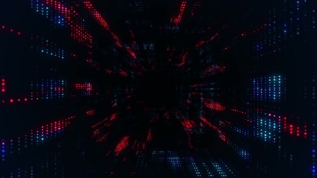 Animation of flying into digital technologic tunnel from glowing and flickering particles. Animation of seamless loop.