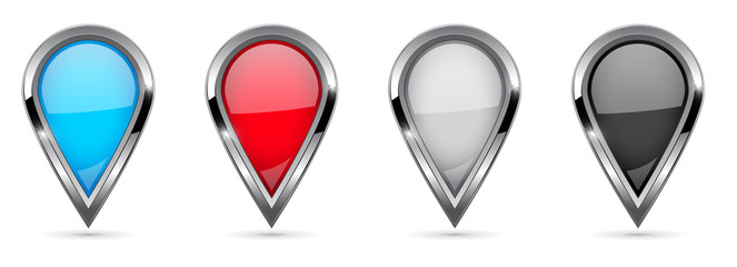Location pins. 3d glass icons set with chrome frame
