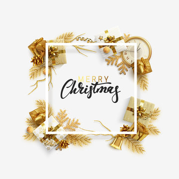 Christmas vector background. Festive design illustration with Xmas decoration and realistic golden objects framed handwritten calligraphy. Happy new year greeting card, banner, web poster.