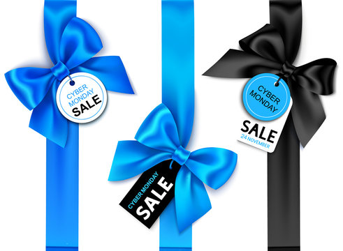 Set of decorative vertical blue ribbon with bow and price tag for cyber monday sale design. Vector holiday decoration and label isolated on white background 