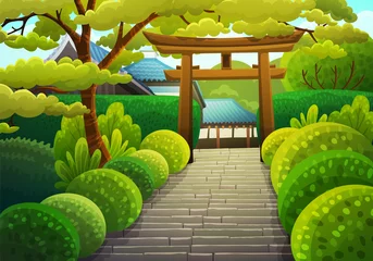  Colorful japanese landscape of stone stairs heading to a shrine through a wooden torii. Garden with bushes and maple tree. Summer season. Vector illustration. © Midorie