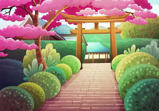 Colorful japanese landscape of stone stairs heading to a shrine through a wooden torii. Garden with bushes and sakura tree. Spring season. Vector illustration.