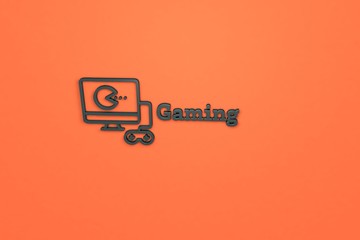 Text Gaming with dark grey 3D illustration and orange background