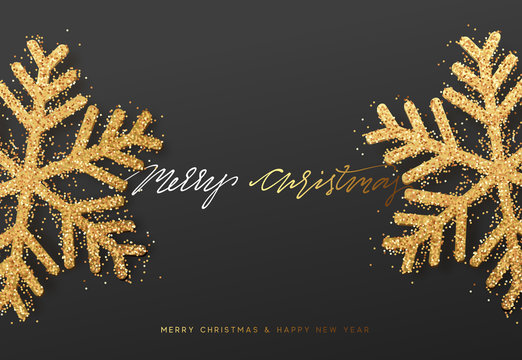 Merry Christmas and Happy New Year. Xmas background with shining golden snowflakes
