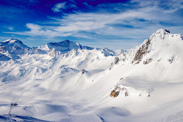 Views around Espace Killy the ski resorts of Tignes and Val D'Isere on a fantastic winter day in...
