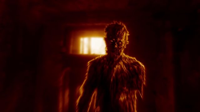 Dark zombie with evil eyes entered room. Abandoned house and monster inside. 2D animation for creepy Halloween. Horror fantasy character HD video clip. Scary places. Black and orange background color.