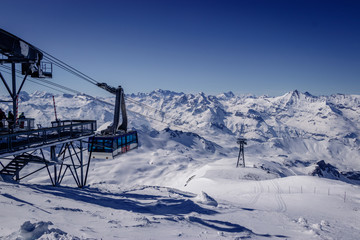 The Grande Motte gondola in Espace Killy the ski resorts of Tignes and Val D'Isere. Espace Killy is a name given to a ski area in the Tarentaise Valley, Savoie in the French Alp - obrazy, fototapety, plakaty