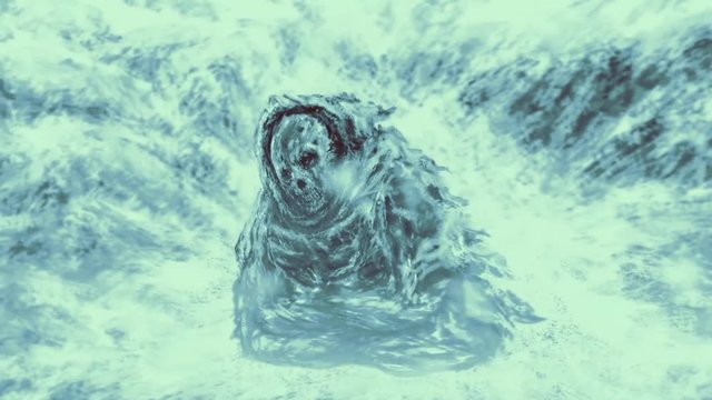 Frozen climber sitting in snow 2D animation. Scary video clip in horror fantasy genre. Mystical place and darkly ghost. Dead man in mountains. Spooky zombie apocalypse. Crepy animated short HD film. 