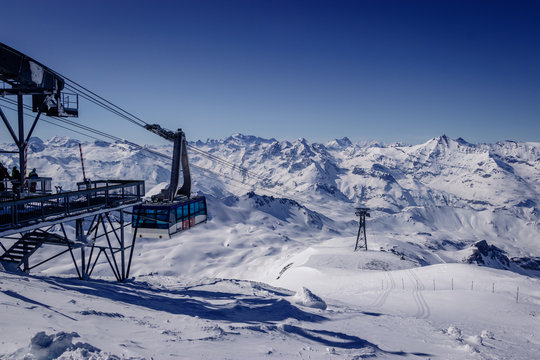 The Grande Motte gondola in Espace Killy the ski resorts of Tignes and Val D'Isere. Espace Killy is a name given to a ski area in the Tarentaise Valley, Savoie in the French Alp