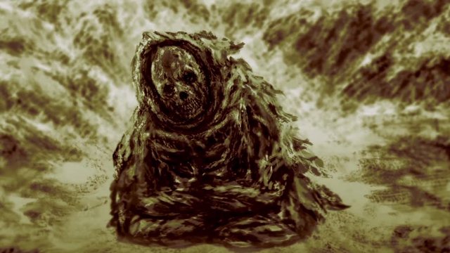 Ancient mummy of monk in rags sits in lotus position in mountains. 2D animation in horror fantasy genre. Abandoned place and gloomy ghost. Dead man in ruins. Spooky zombie apocalypse. Nuclear winter. 