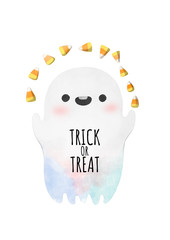Happy Halloween, Watercolor hand drawn Halloween Ghost playing candy corn isolated on white background, with clipping path included. Watercolor Greeting illustration.