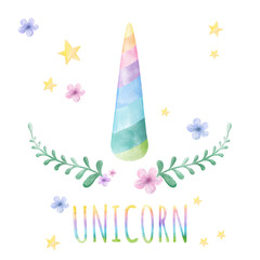 Unicorn, Watercolor hand drawn unicorn's horn, stars and flowers isolated on white background with l ettering"I LOVE YOU", Clipping path included. Watercolor illustration.