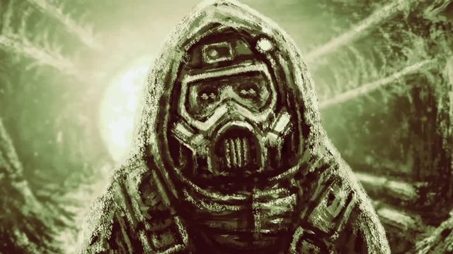 Man in protective suit and gas mask. Infection area. Sci-fi 2d animation. Horror fiction genre. Animated backdrop movie. Future war. Motion graphics for Vj loop and music clip. Green background color.