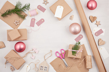 Fototapeta na wymiar Creative hobby mockup. DIY Christmas handmade greeting cards, decoration. Process of christmas gifts wrapping