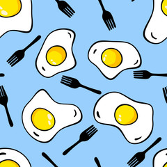 Illustration of fried egg on a blue background. Seamless background.