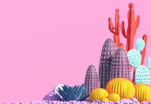 Decorative composition of groups of different species of multicolored cacti on pink background. Contemporary art. Сopy space. 3D rendering.