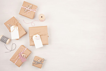 Flat lay of morden minimalist Christmas gifts and decoration in pastel colors