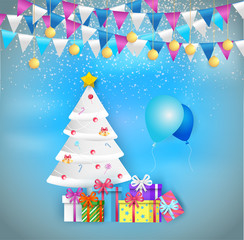 Illustration of decorated christmas tree with gift boxes and balloon decoration balls and lamps. Merry Christmas and a happy new year. Paper art and digital craft style.