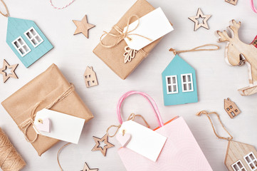 Flat lay of morden minimalist Christmas gifts and decoration in pastel colors
