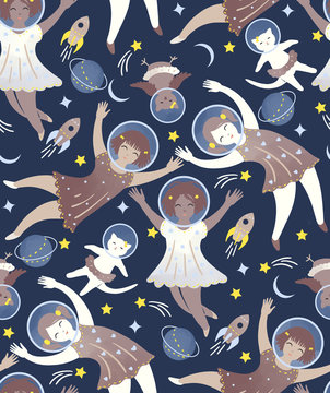 Girls in space - seamless pattern