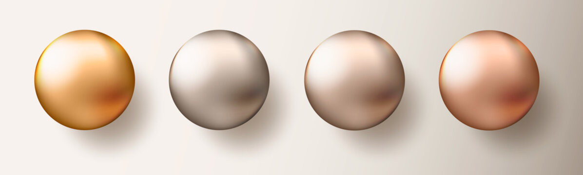 Four Realistic Transparent Spheres Or Balls In Different Shades Of Metallic Gold Color On White Background. Vector Illustration Eps10