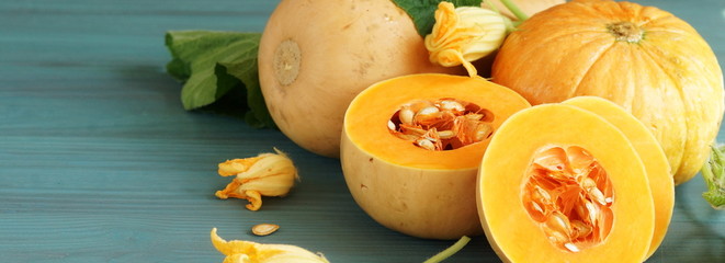 fresh pumpkin on blue wooden background closeup. copy space. top view.banner
