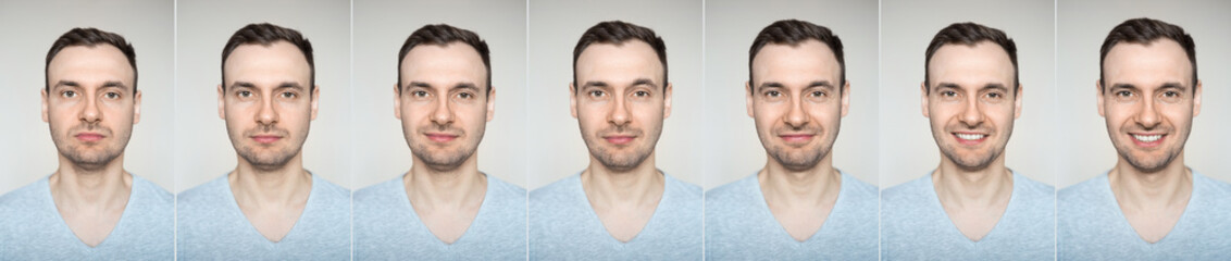 collage of various emotions of a young handsome man on a gray background. portraits of a man. collage of emotions. mood swings