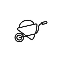 Black flat line vector icon with a picture of a symbol construction equipment wheelbarrow with a load on white background.