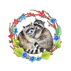 Raccoons embrace  in a floral frame in a ring, wreath. Lovely loving animals in embraces isolated on white background. Watercolor. Illustration. Template. Hand drawing. Clipart. Close-up