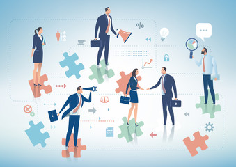 Business Solution. Group of business persons standing on the pieces of puzzle. Business concept illustration.