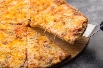 Tasty sliced pizza with melted four types of cheese on grey table