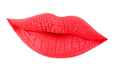 Fototapeta premium Red lips, beautiful makeup, sensual mouth, sexy lip, smile. Lipstick or lipgloss. Beauty sensual lips, beautiful lip, bright red lipstick. Closeup, macro with sexy mouth, sensual makeup, isolated.