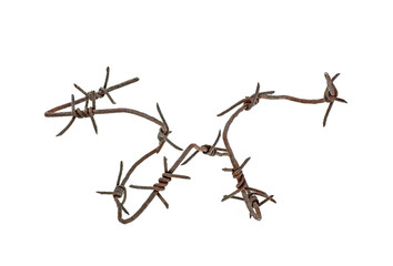 Rusty barbed wire on white background