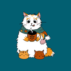 Isolated Christmas cat with coffee mug and slippers