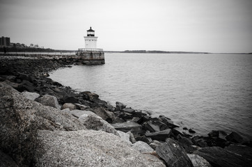 Fototapeta na wymiar Black and white view of the Portland Bug Ligththouse, a breakwater Light house in Maine