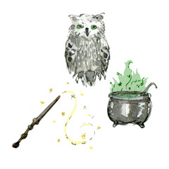 Watercolor and ink illustrations set of caldron, wand and owl. Hand drawn objects. - 227344009