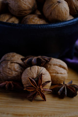 Still life with star anise and walnuts