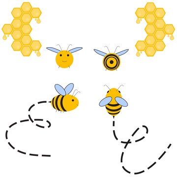 Busy Bee. Abstract flying Honey bee all four dimensions view and tracks. Front, top, side, back. view. Vector illustration
