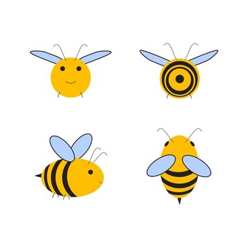 Busy Bee. Abstract flying Honey bee all four dimensions view. Front, top, side, back. view. Vector illustration