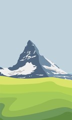Fototapeta premium Górski krajobraz Matterhorn. Lodowowie na górze, zielona dolina, niebieskie niebo. Alpy Szwajcarskie i góra Matterhorn. Krajobraz Szwajcarii. Ilustracji wektorowych.