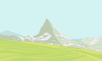 Mountain Matterhorn landscape. Glaciers on mountain, green valley, blue sky. Swiss Alps and Matterhorn mountain. Switzerland landscape. Vector illustration.