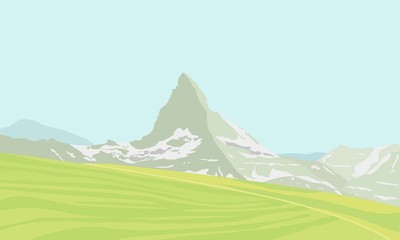 Naklejka premium Górski krajobraz Matterhorn. Lodowowie na górze, zielona dolina, niebieskie niebo. Alpy Szwajcarskie i góra Matterhorn. Krajobraz Szwajcarii. Ilustracji wektorowych.